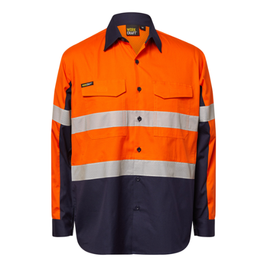 Picture of WorkCraft Ripstop Lightweight Hi Vis Two Tone Long Sleeve Vented Cotton Drill Shirt with 
Reflective Tape